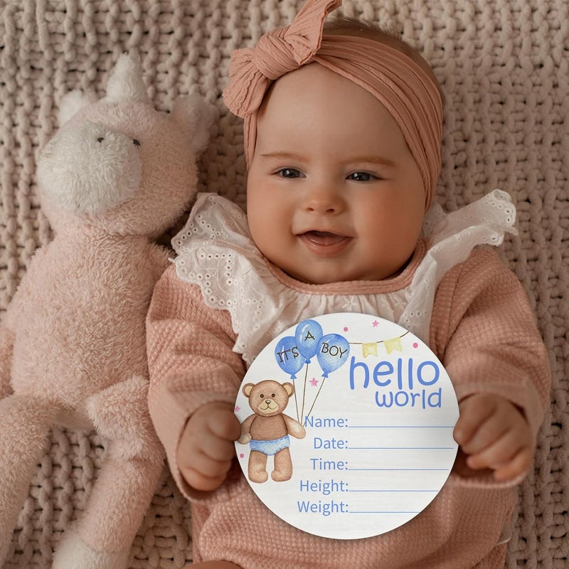 CLHHM Hello World Birth Announcement 6" Round Birch Wood Newborn Sign for Nursery Hospital & Baby Shower, Personalized Baby Name Plaque, Keepsake Décor Gift for New Parents (Blue Bear) - Image 4